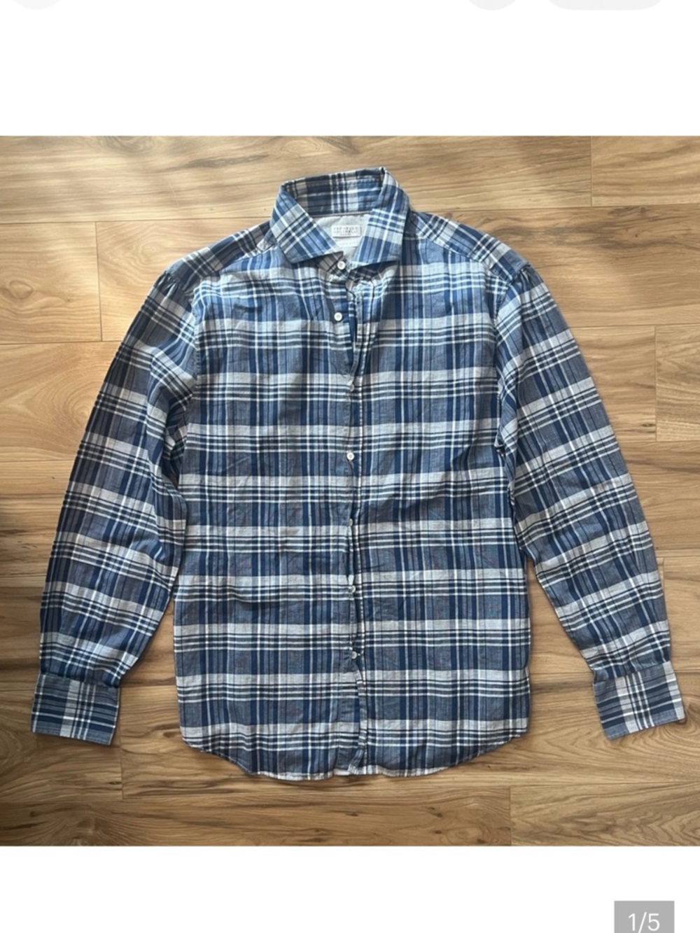 Brunello Cucinelli Men's Blue and White Plaid Button-Up Shirt